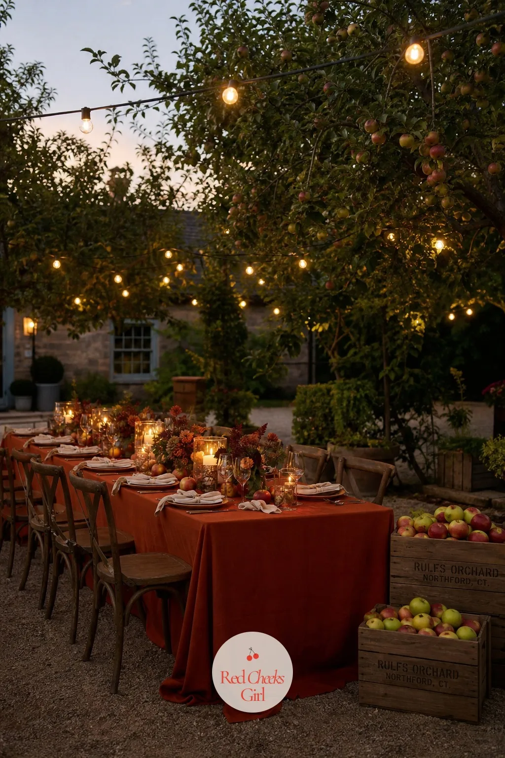 Orchard Courtyard Dinner — A table set beneath fruit trees in a working orchard, with crates of apples or lemons stacked nearby as natural decoration that