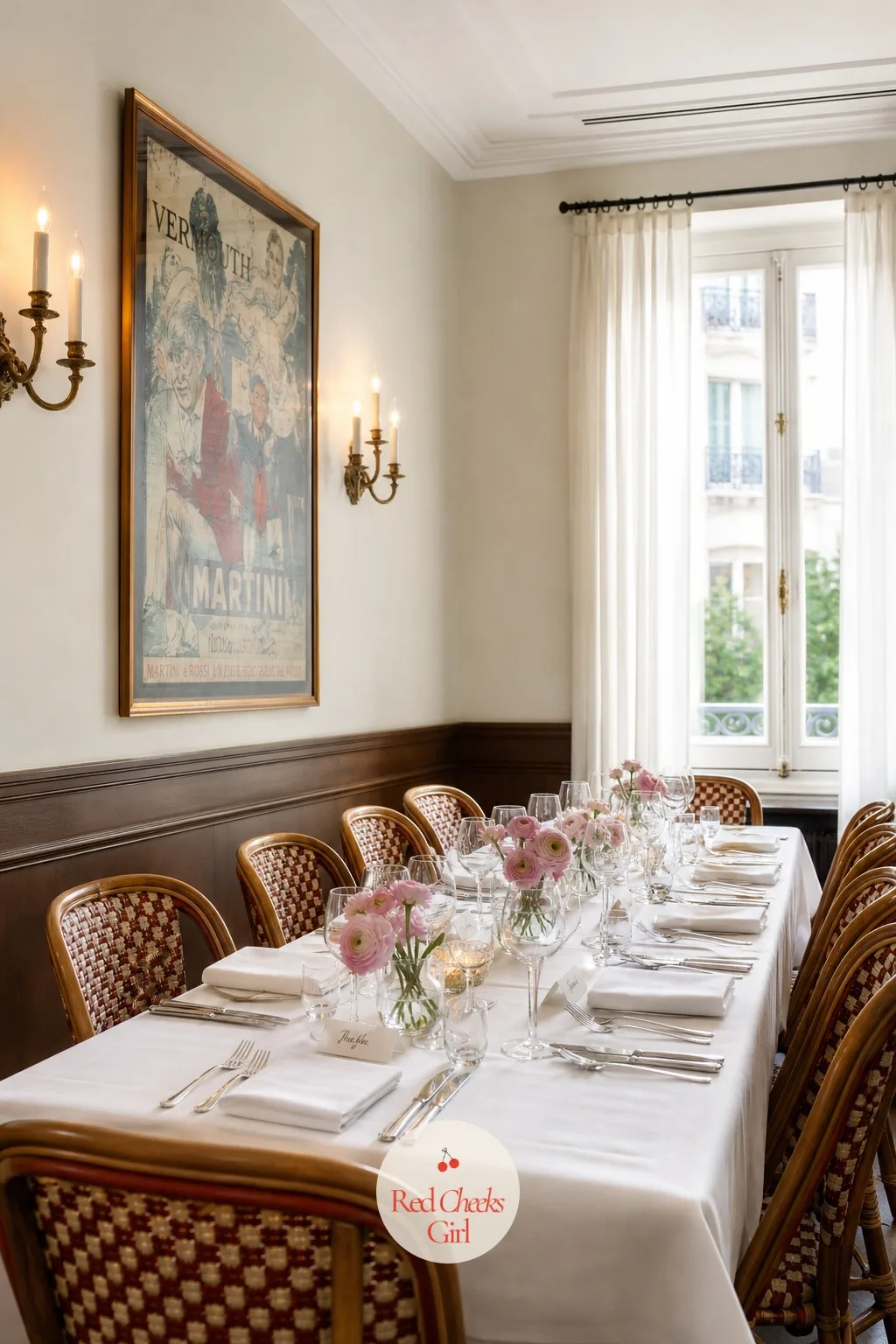 Private Room at a French Bistro — Rattan bistro chairs, a white tablecloth and a few bud vases of ranunculus do the heavy lifting here, no extra decorating
