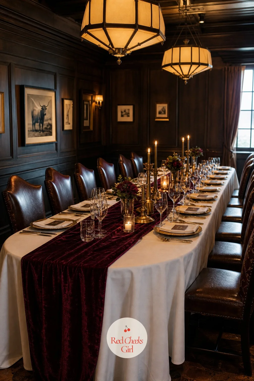 Private Room at a Steakhouse — Dark wood paneling and leather chairs already read formal, so a deep burgundy velvet runner and brass taper candlesticks down