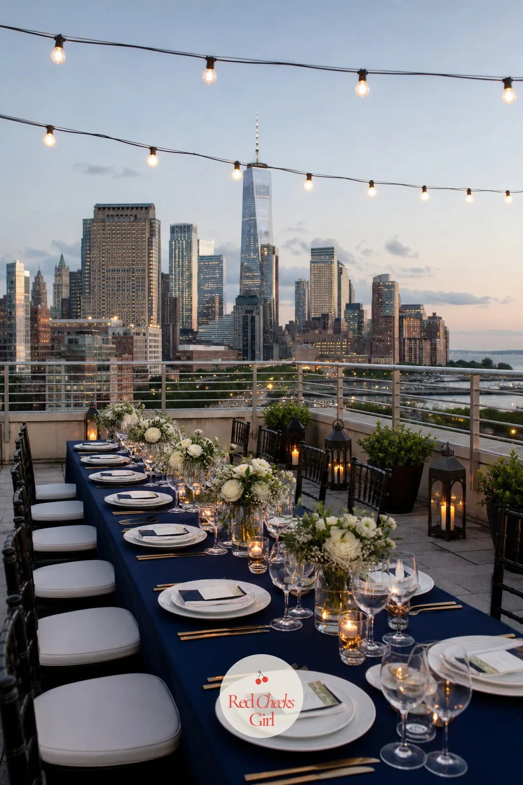 Rooftop Dinner — A city skyline behind the table means the decorating budget can go almost entirely into lighting: string bulbs overhead and lanterns along the