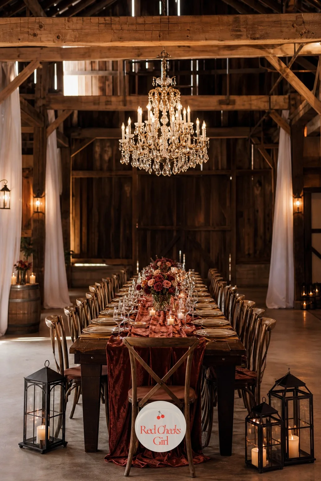Rustic Barn Dinner With Chandeliers — Exposed wood beams overhead and a crystal chandelier hung from the rafters give a barn dinner its contrast: rough