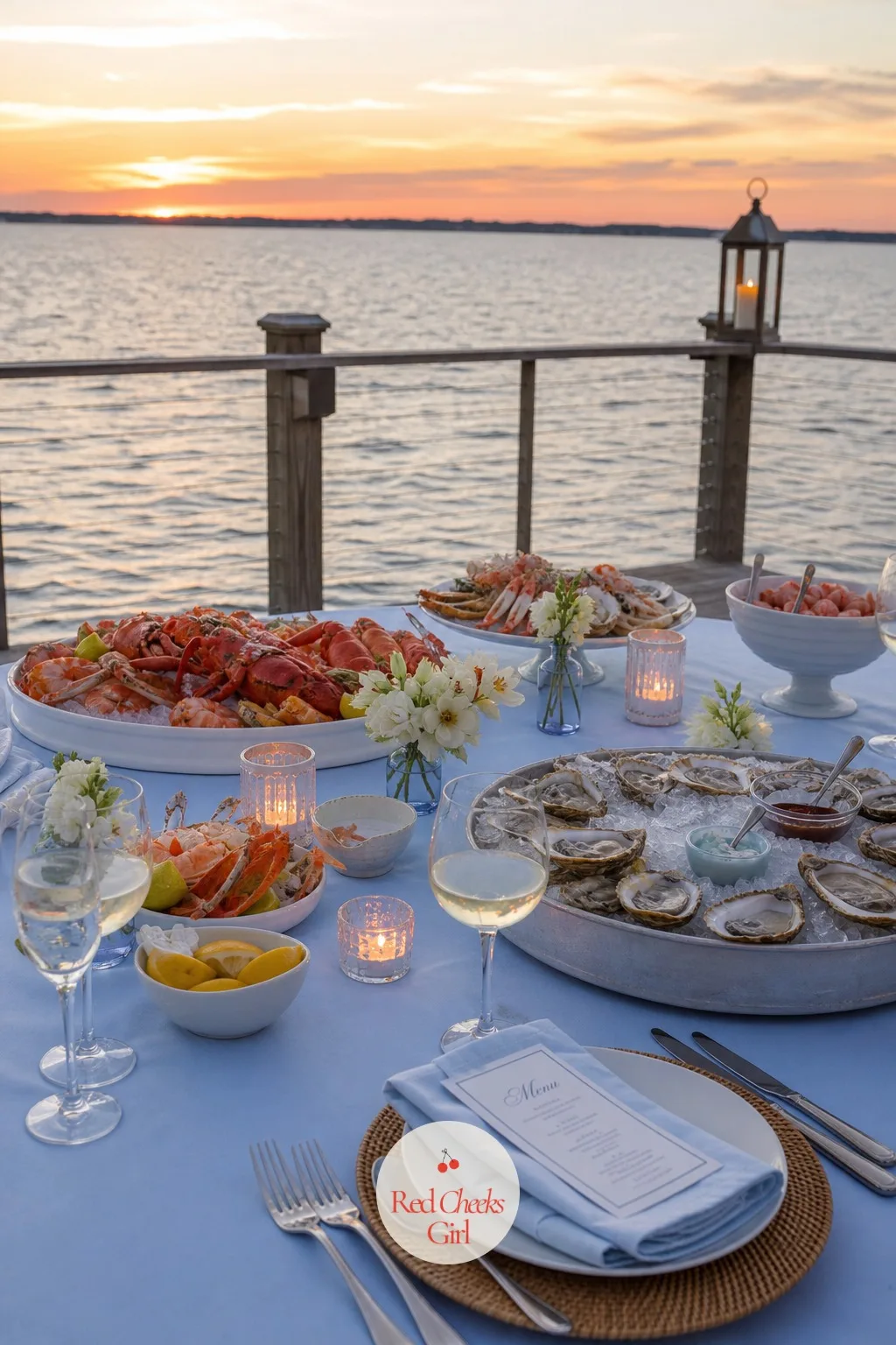 Seafood Dinner by the Water — A long table set right at the edge of a dock or a beachfront terrace, platters of oysters and whole grilled fish laid down the