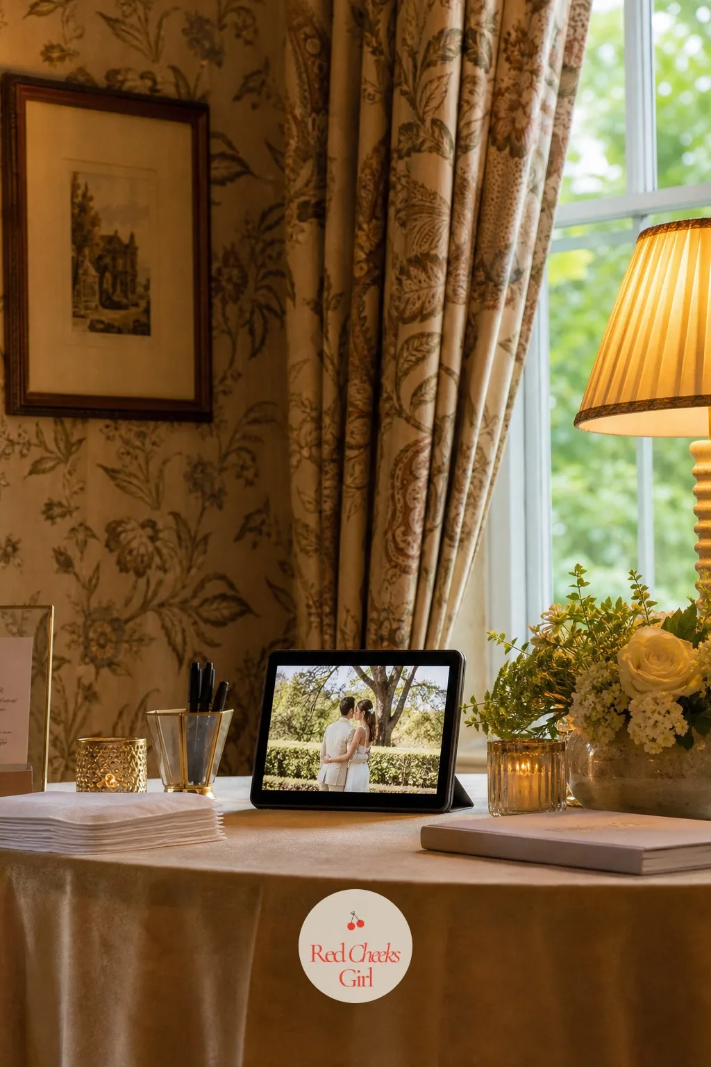 Slideshow of the Couple — A small screen set up in a quiet corner, framed by curtains or a leafy backdrop, loops photos of the two of them from childhood