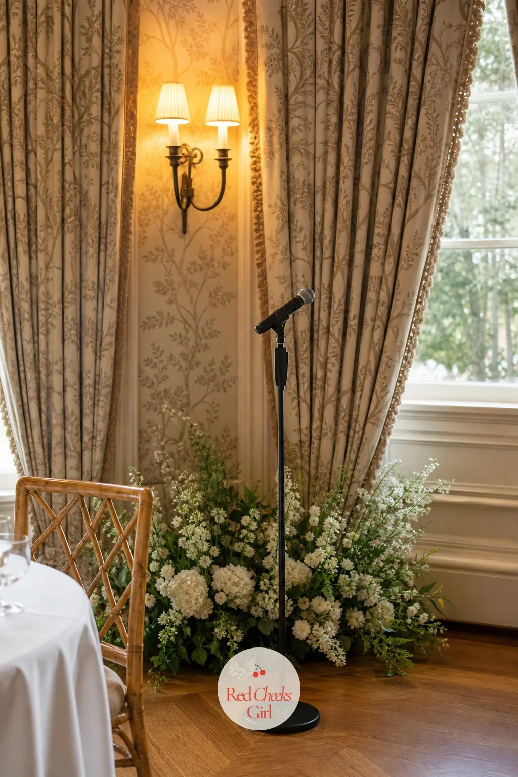 Toasts Corner — A small cleared space near the head of the table, a single standing microphone and a low arrangement of flowers behind it, signals exactly