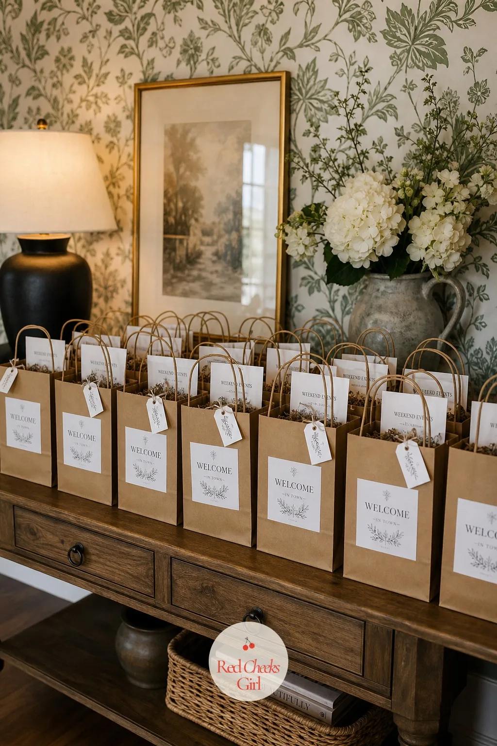 Welcome Bags Handed Out — A stack of small paper bags on a dressed console table by the entrance, each one holding a local snack, a bottle of water and a