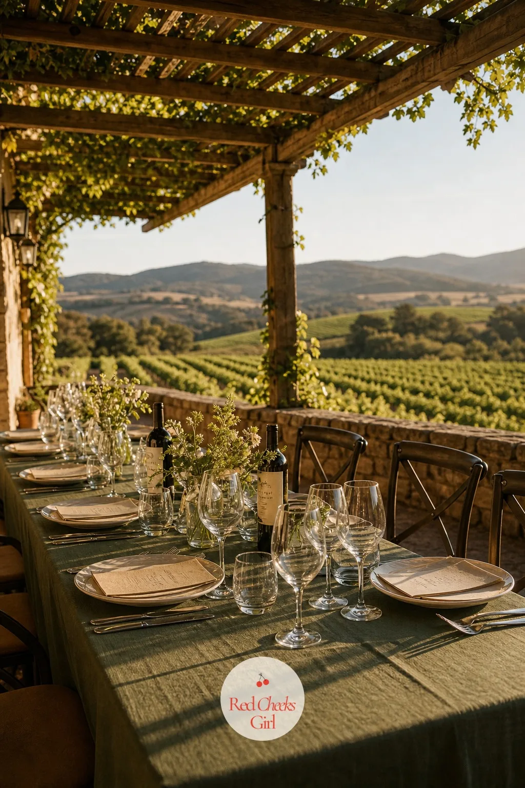 Wine Tasting Dinner at a Vineyard — Rows of vines running out to the horizon make the view the real centerpiece, so the table can stay simple: a muted olive