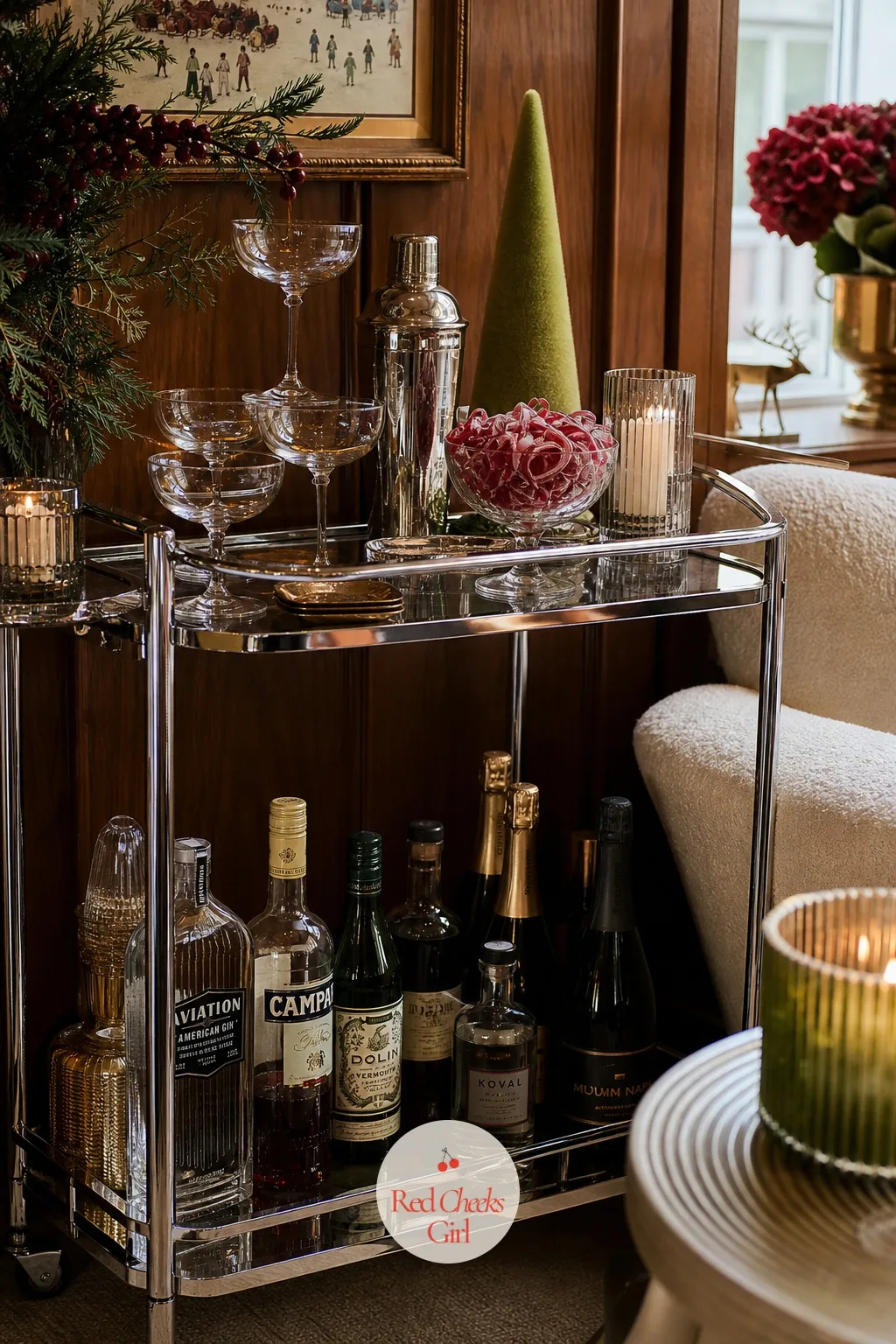 The Bar Cart With Ribbon Candy — A chrome and glass bar cart earns its keep all year, but at Christmas it gets a small dish of ribbon candy added to the top