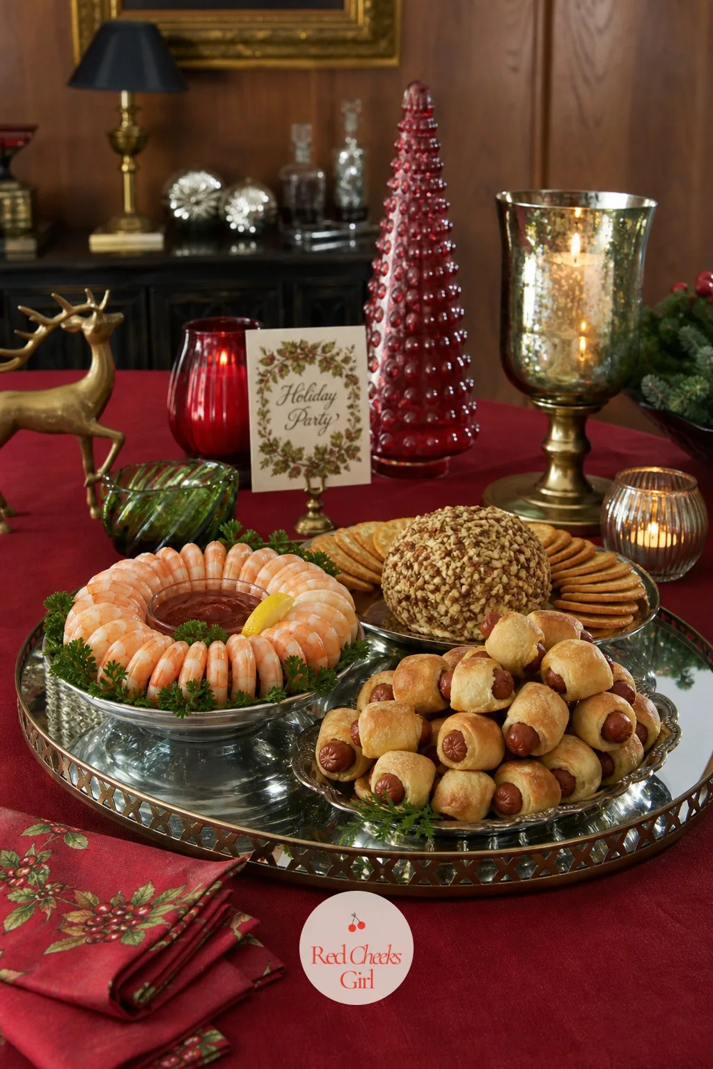 The Buffet With Shrimp Ring and Cheese Ball — This is the table people circle back to all night, so give it a mirrored tray as the base, the kind that throws