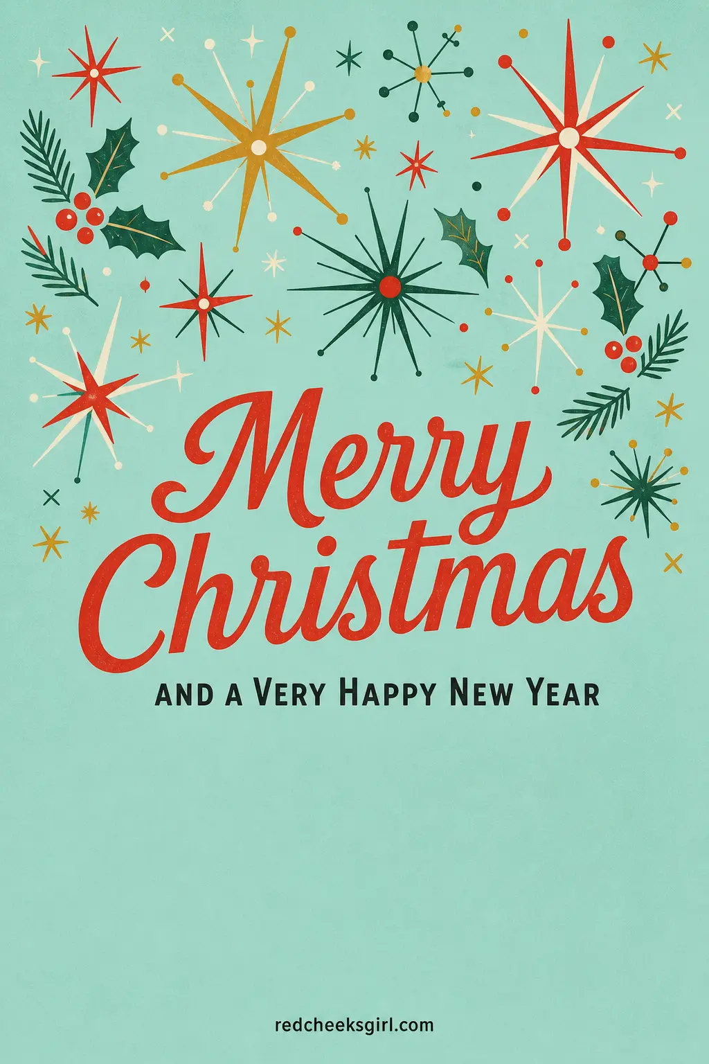 The Atomic Starburst Merry Christmas printable sheet — This is the one for the long list: neighbors, the book club, your mother's whole side. Retro christmas