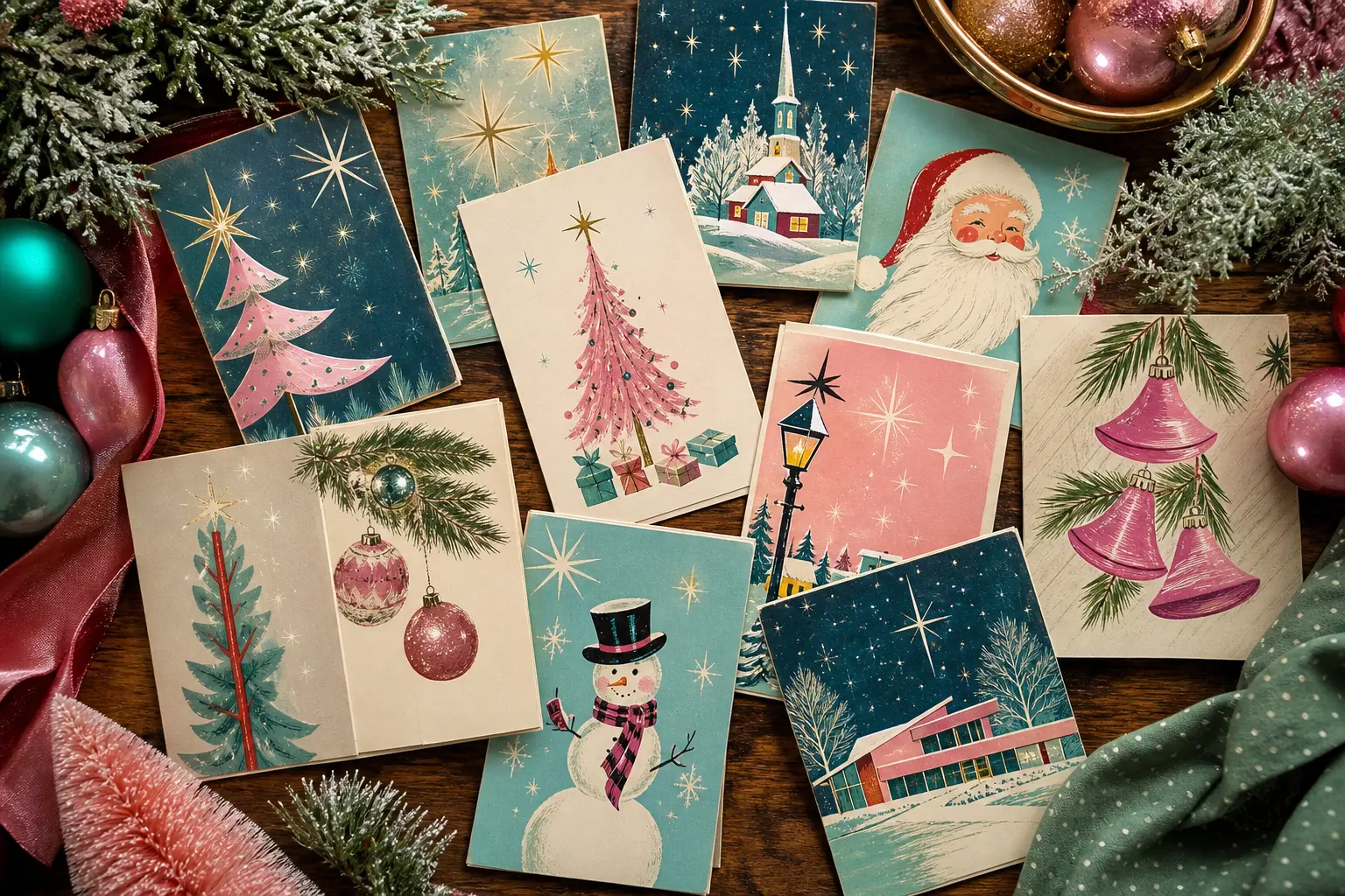 12 Retro Christmas Cards to Print With Atomic Stars, Pink Trees and Mid-Century Cheer
