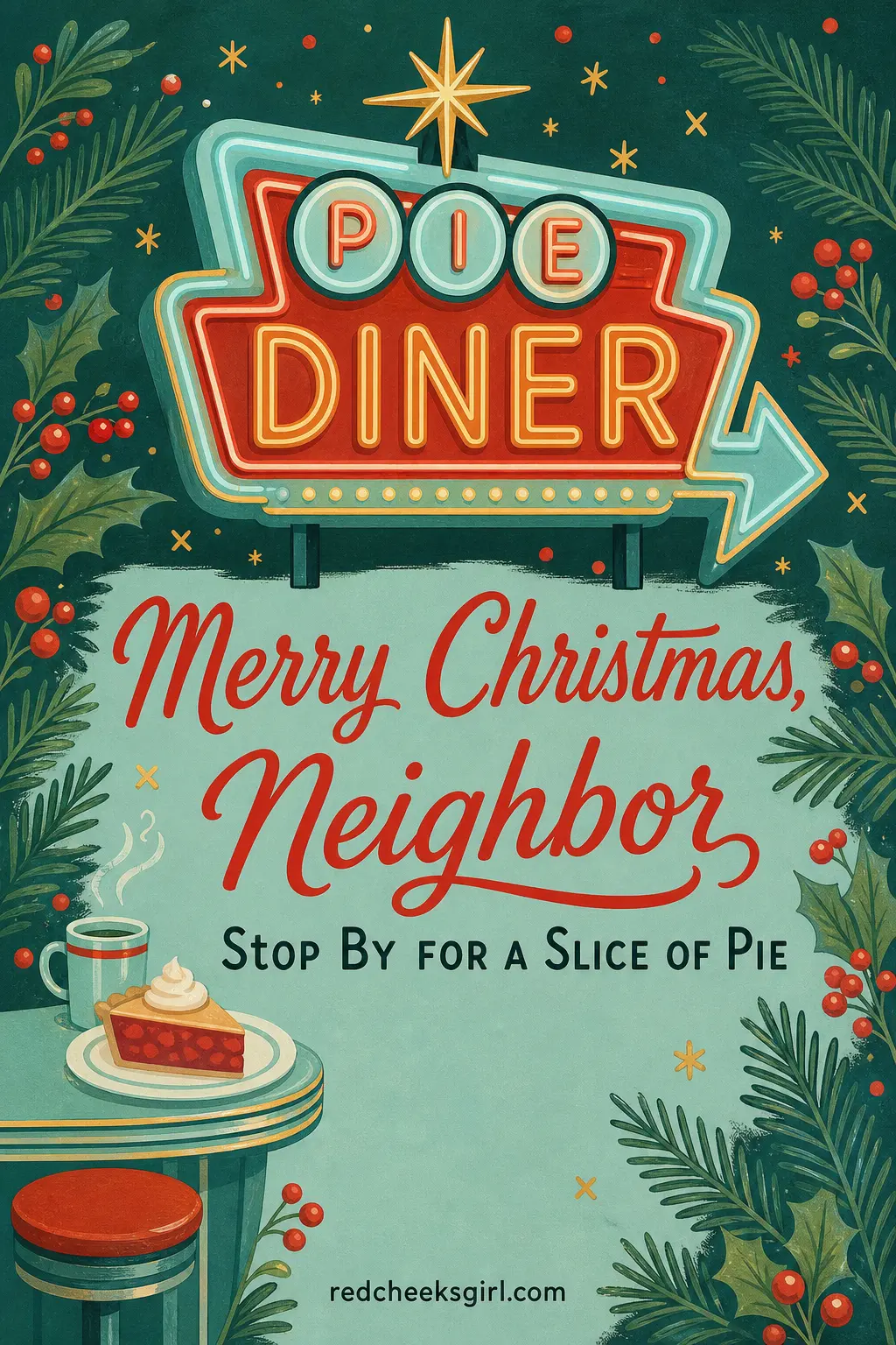 Googie Diner Christmas printable sheet — For the neighbor you wave to more than you talk to, the one who would appreciate a card with a bit of personality over