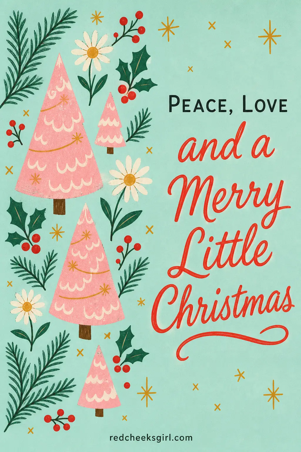 Peace and Pink Trees printable sheet — For the old friend from the era when you both thought you would stay in touch better than you have. Retro christmas cards
