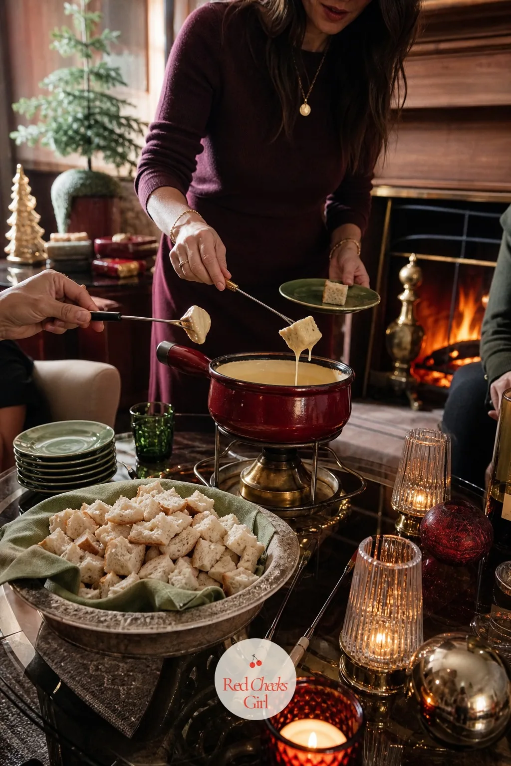 The Cheese Fondue Station by the Fire — Fondue was the fashionable thing to do with cheese in this decade, and a small pot near the fireplace gives guests a