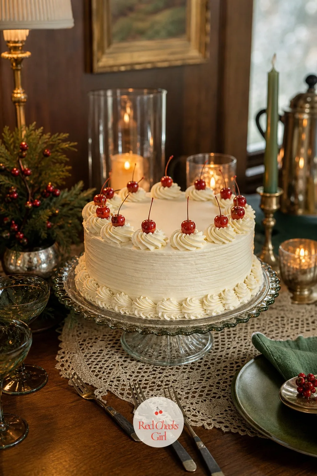 The Dessert Table With a Frosted Cherry Cake — If baking is not how you want to spend the afternoon before a party, a bakery sheet cake iced to order looks