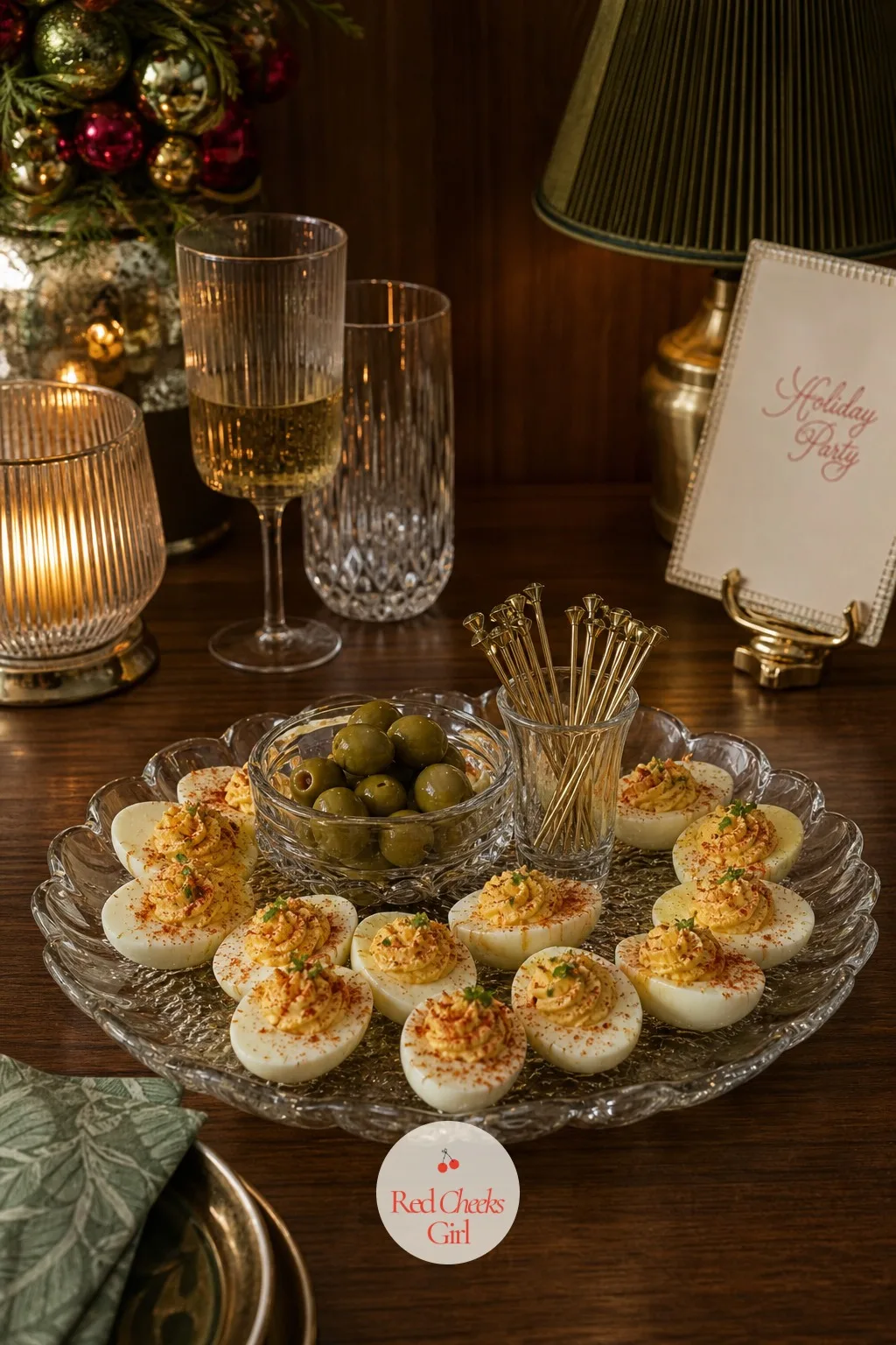 The Deviled Egg and Olive Tray — Not every tray needs to be the showpiece, and this one does its job quietly: deviled eggs dusted with paprika, fanned on a