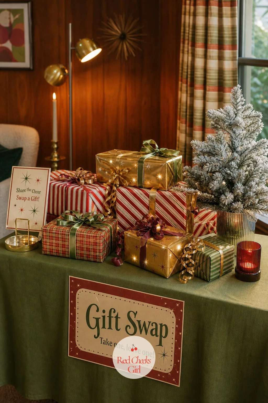 The Gift Swap Table in Retro Wrap — A table by the tree gives the gift exchange somewhere to live instead of a pile on the floor. Retro christmas party