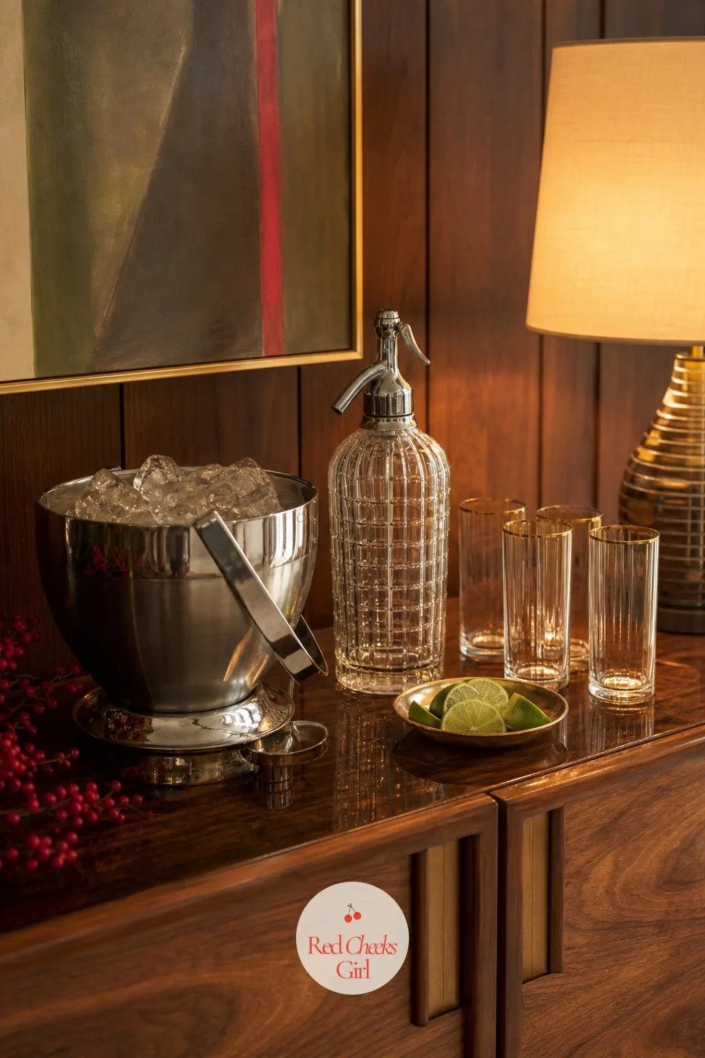 The Ice Bucket and Soda Siphon on the Credenza — Highballs need somewhere to be built that is not the kitchen counter, and a credenza near the seating area