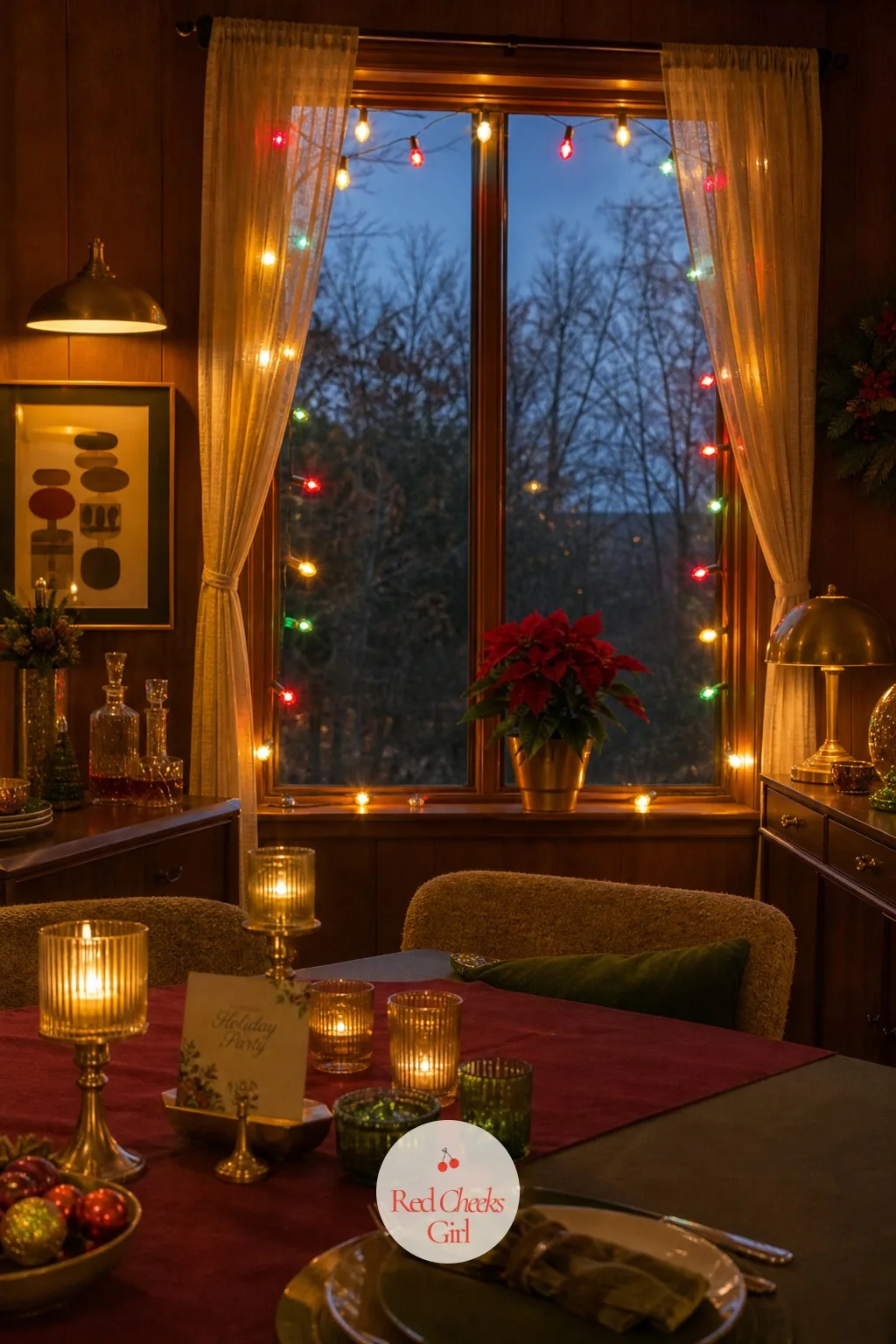 The Picture Window Glowing With Colored Lights — A dark window at night just shows the room reflected back at itself. Retro christmas party