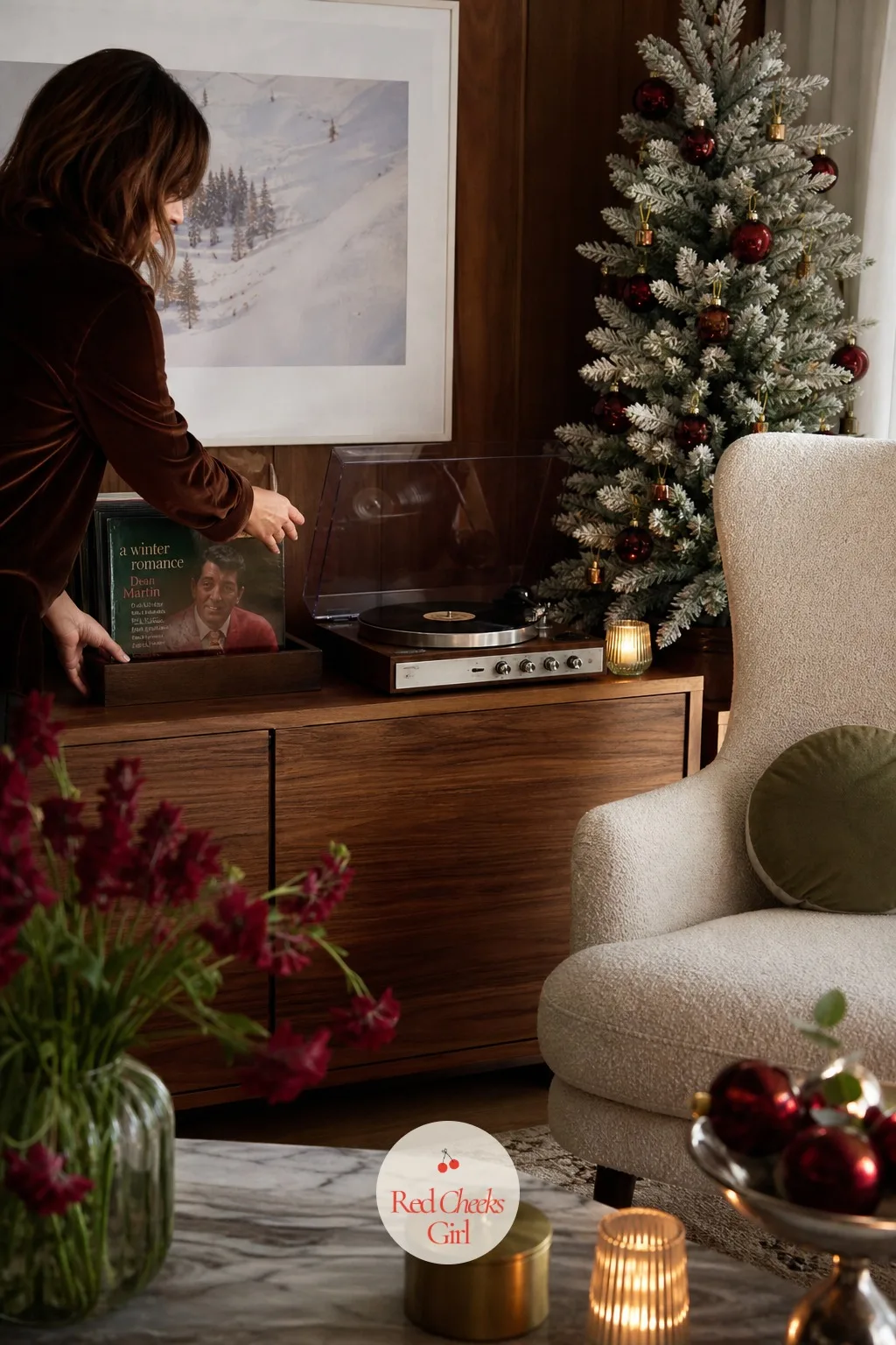 The Record Player Corner With a Small Flocked Tree — Every good party needs a corner that is not about food or drink, somewhere a guest can stand still for a