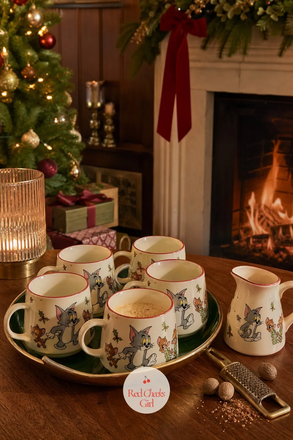 The Tom and Jerry Mug Tray — Hot batter drinks were the cold weather fix of this decade, and a tray of thick handled pottery mugs set near the fire says so