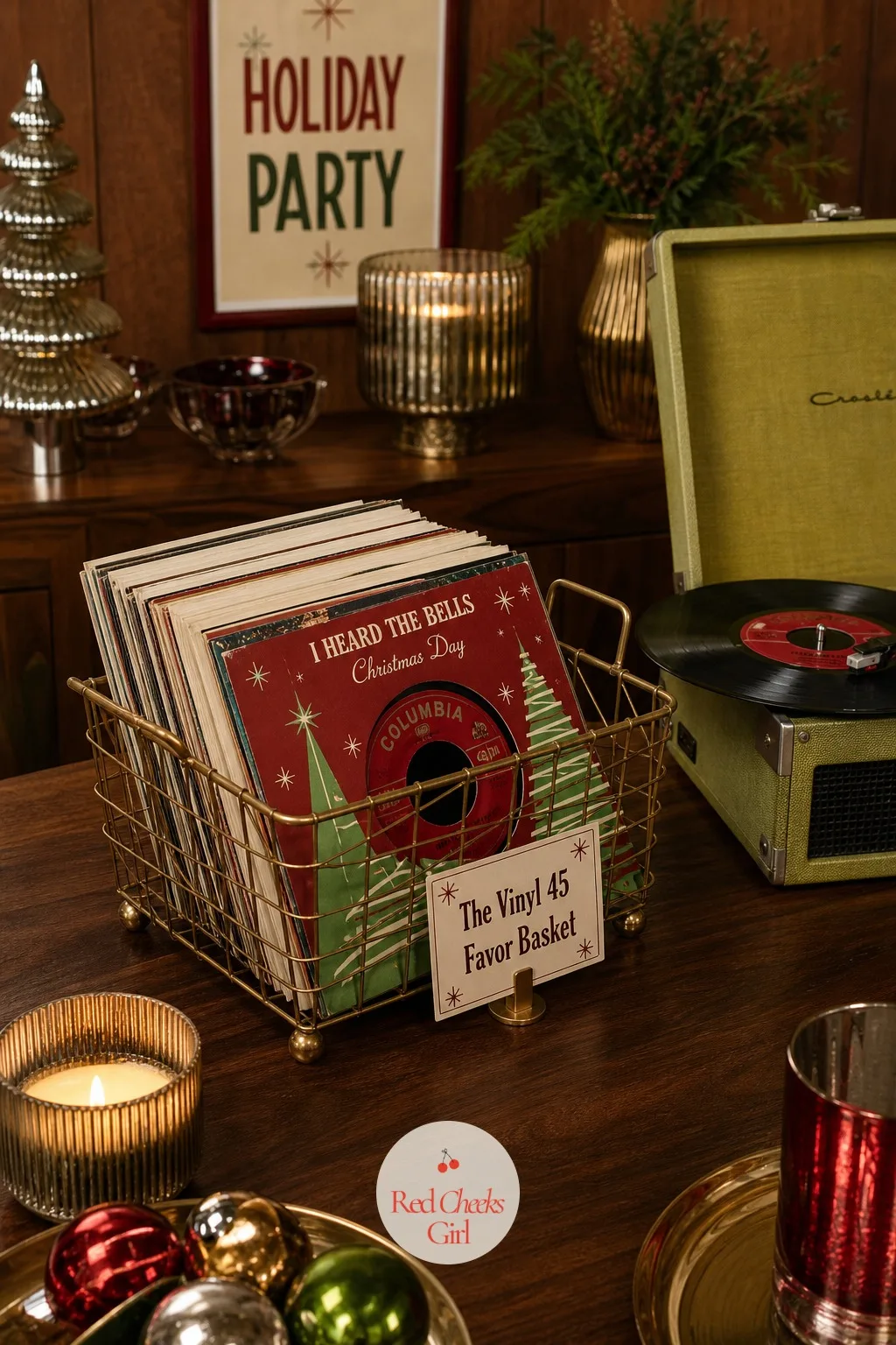 The Vinyl 45 Favor Basket — Near the record player corner, a wire or wicker basket holds a small stack of holiday 45s or printed mini playlist cards, each one