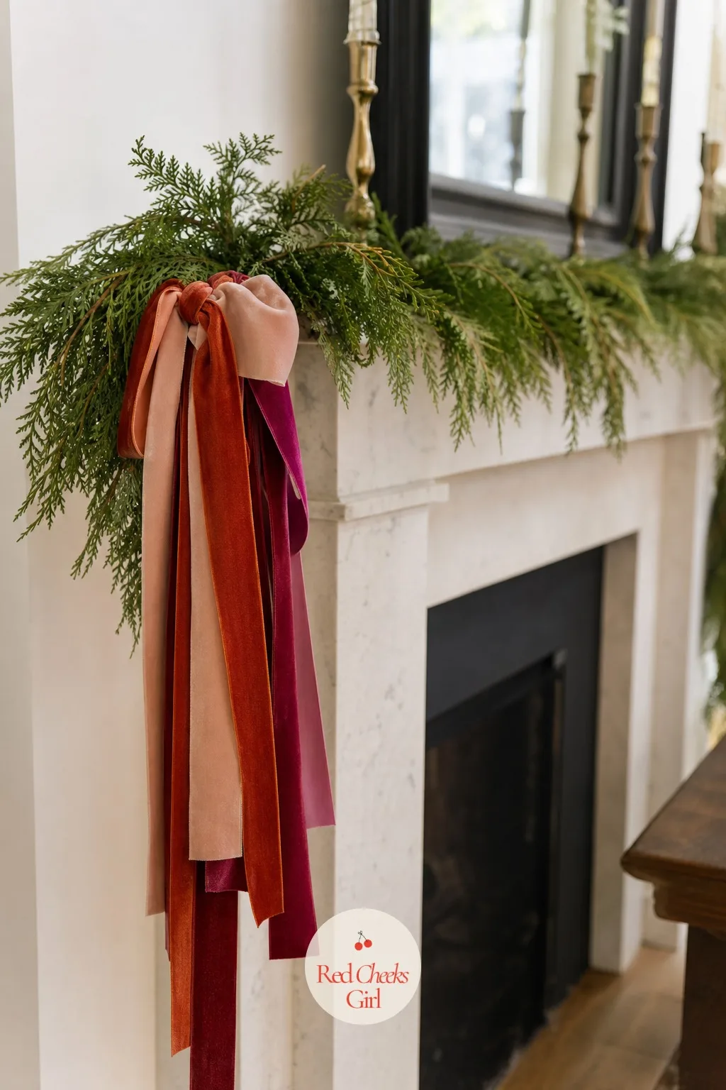 Cedar Garland with a Ribbon Tail Bundle Tied at the Corner — A plain cedar garland along the mantel shelf is lovely and a little quiet until one corner gets a