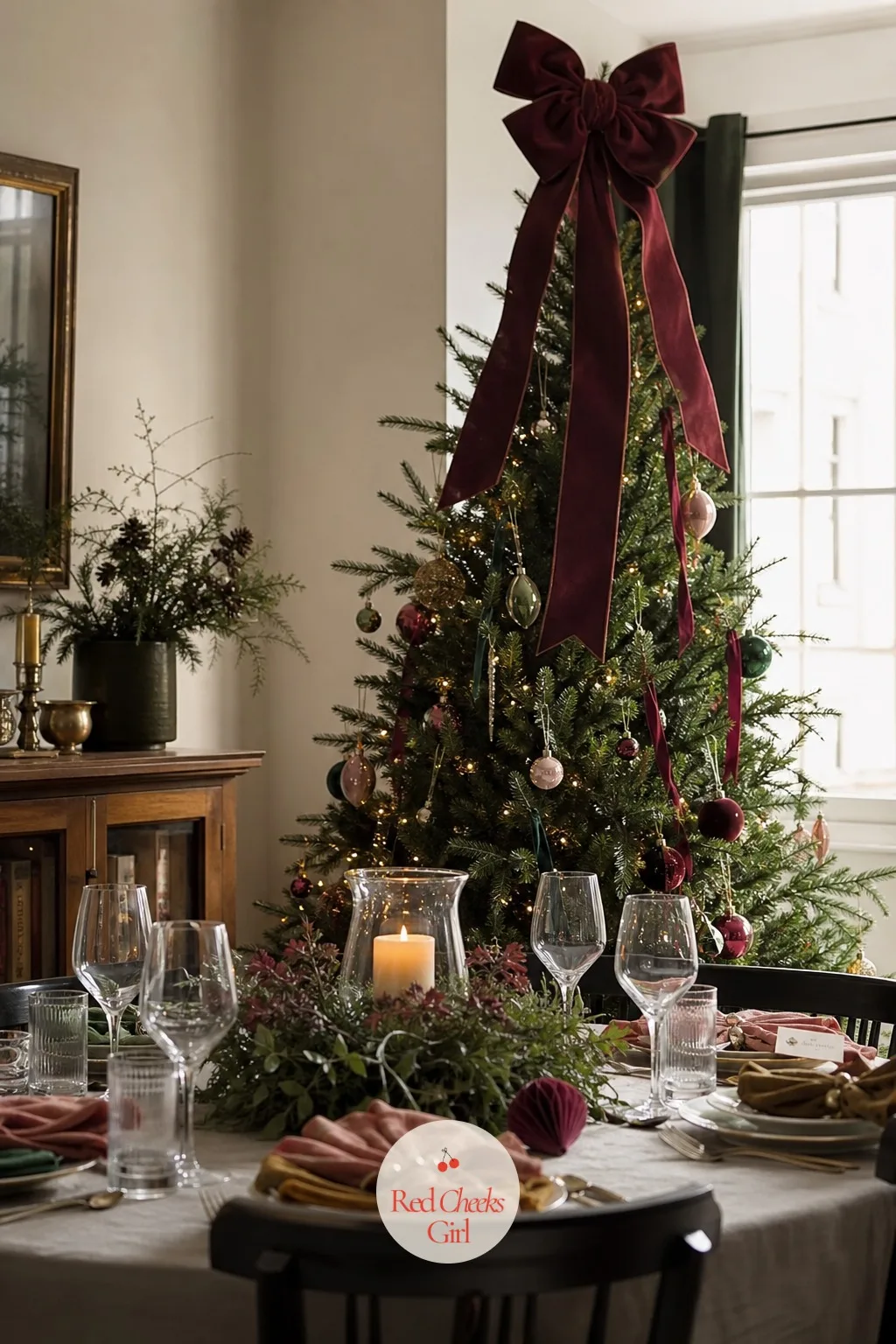 A Fat Velvet Bow Tied at the Top of the Tree Instead of a Star — A star on top of the tree is the obvious finish, which is reason enough to tie a bow there