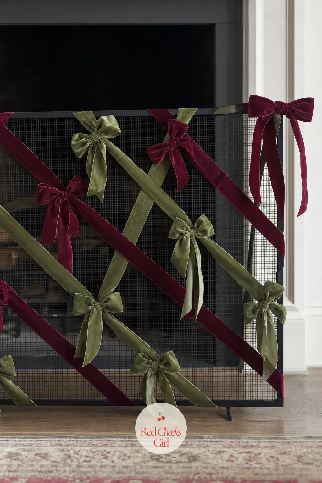 A Fireplace Screen Wrapped Corner to Corner with Wide Velvet Ribbon — A bare fire screen in front of an unlit hearth is the kind of gap that gets overlooked