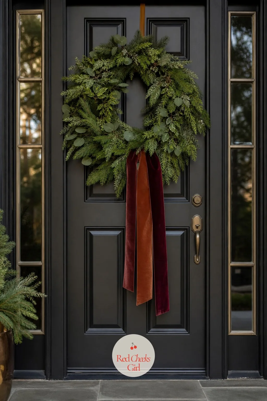 A Fresh Wreath with Wide Velvet Tails Instead of a Bow — A wreath with a neat bow is the version every door already has, which is exactly why three loose tails