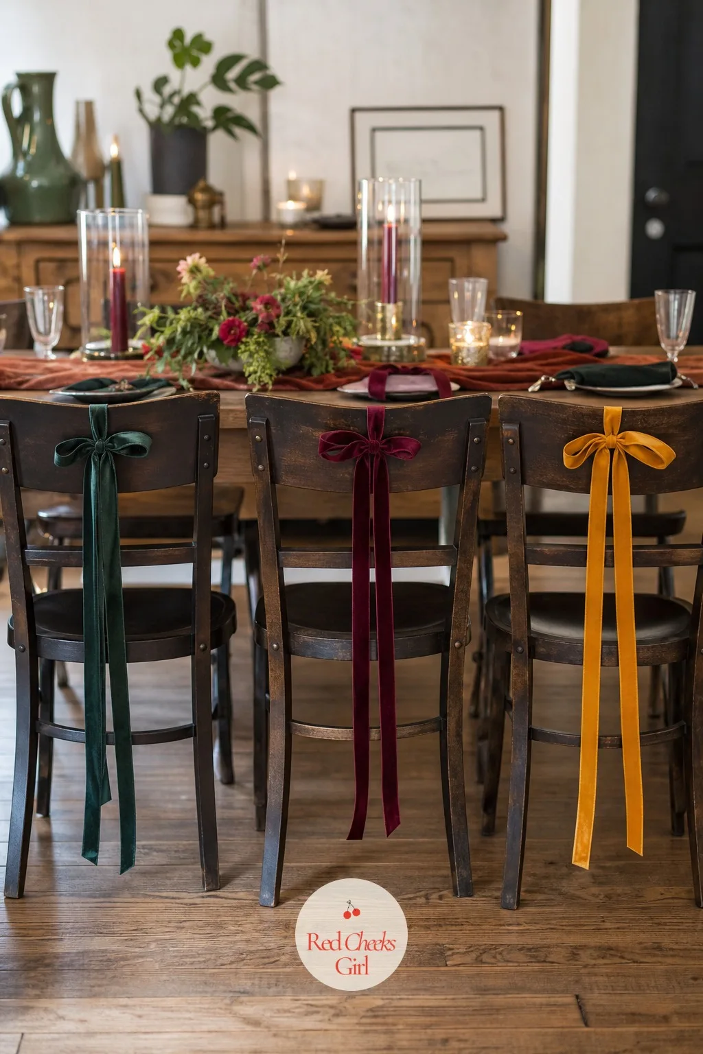 Narrow Velvet Ribbon Tails Tied to the Back of Each Dining Chair — Chairs around a dinner table rarely get dressed at all, which is exactly why one narrow