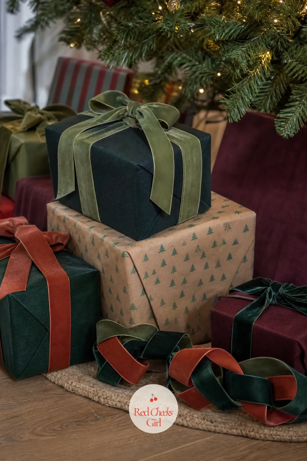 A Short Ribbon Chain Wound Around the Base of a Stack of Wrapped Gifts — A stack of wrapped gifts under the tree looks finished with one loose chain wound