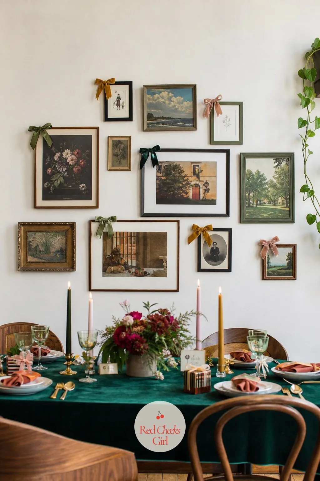 Velvet Bows Pinned to the Corner of a Few Frames on a Gallery Wall — A gallery wall of mismatched frames looks finished rather than fussy once a few, not all