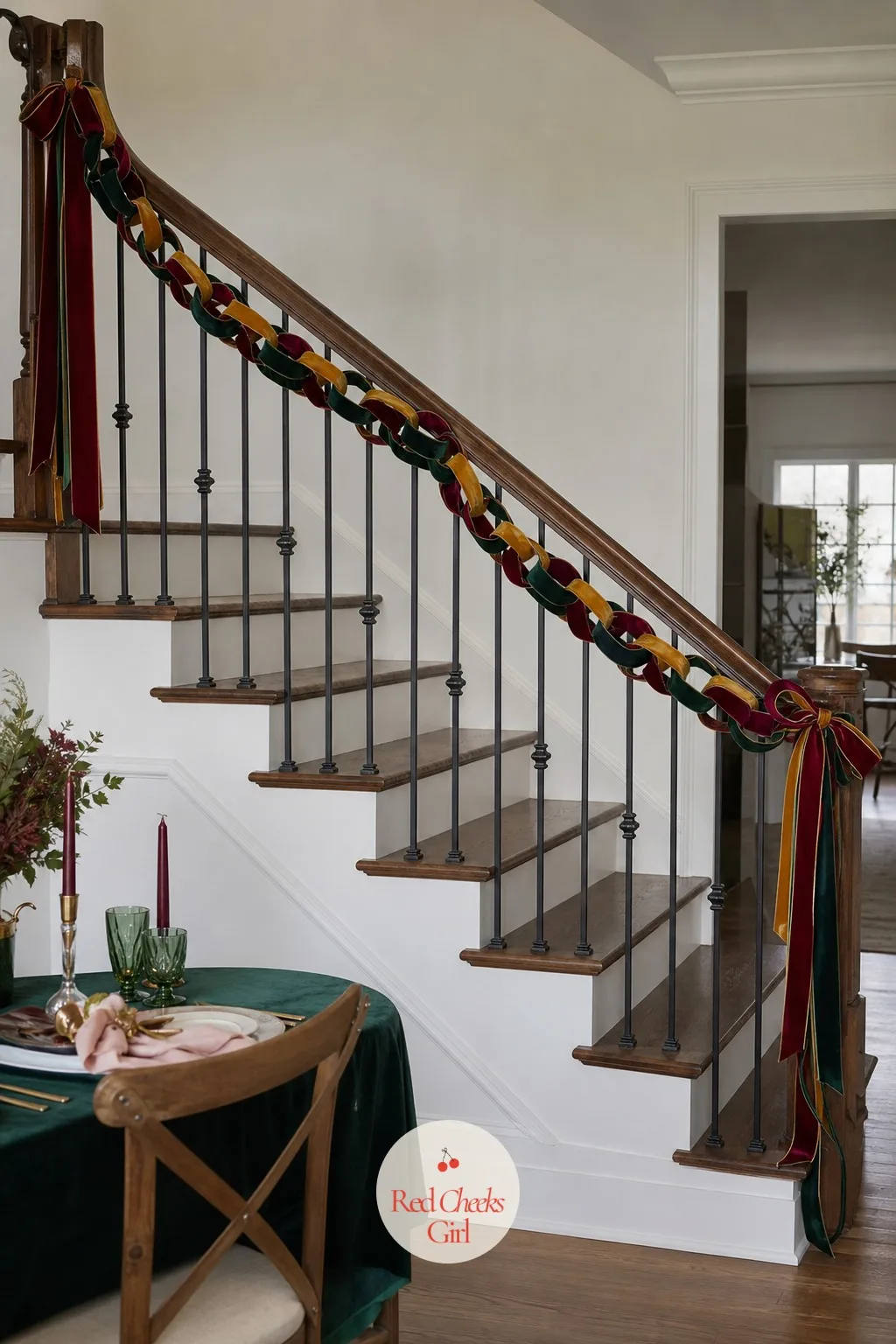 Velvet Loop Chain Garland Swagged Along the Staircase Handrail — A banister dressed in six colors at once looks far more expensive than an evening with a