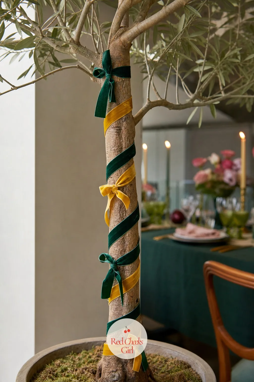 A Velvet Ribbon Chain Spiraled Up a Potted Tree Trunk — Most of the decoration on a potted tree happens above eye line, which leaves the trunk bare and a