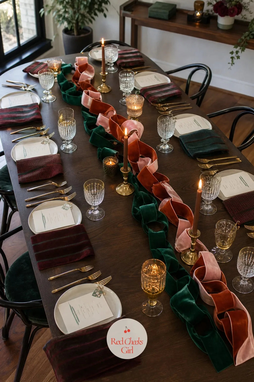 A Velvet Ribbon Loop Chain Runner Laid Down the Center of the Table — A table runner is the obvious choice, which is exactly why a loop chain laid flat down