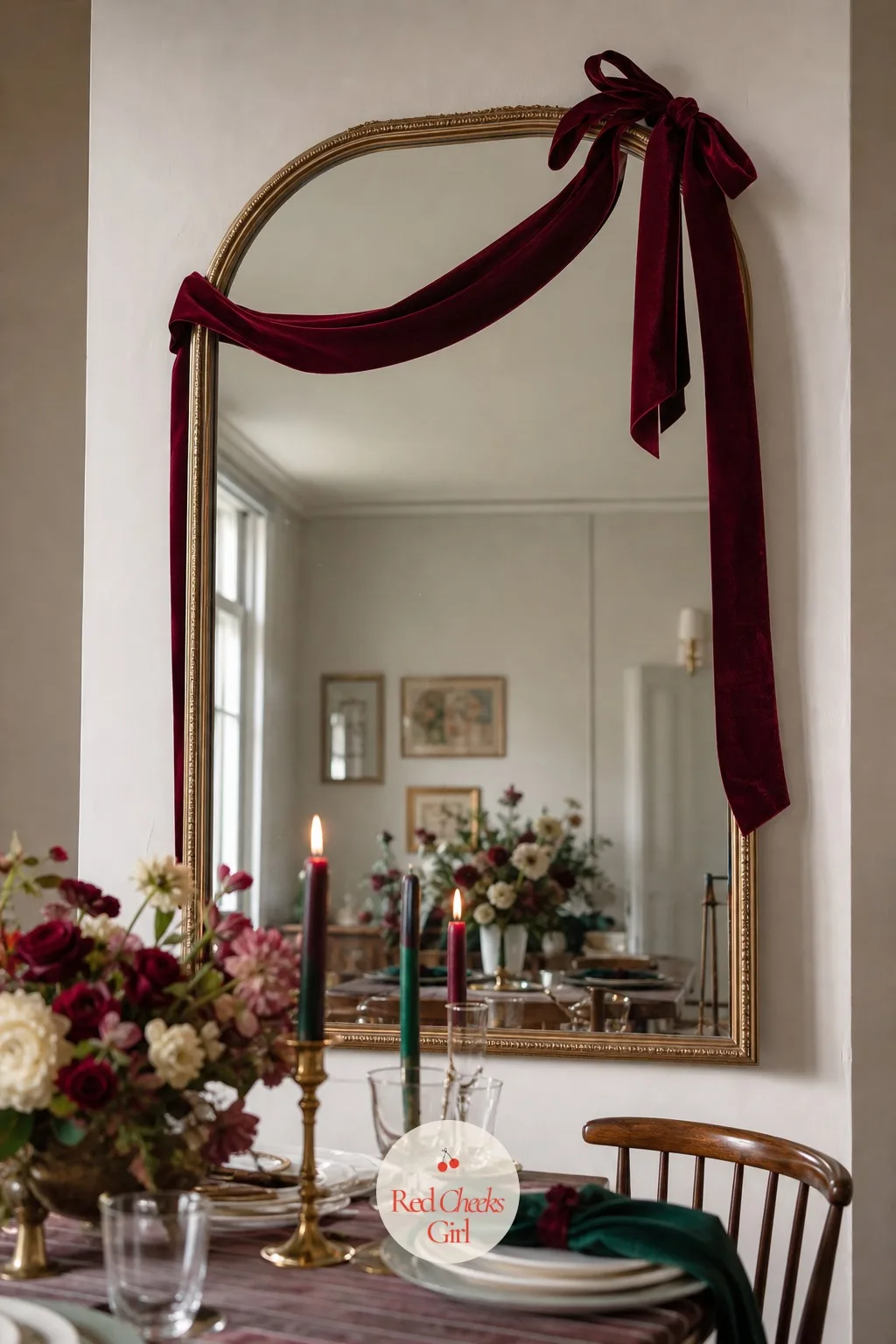 A Velvet Ribbon Swag Draped Across the Top of a Mirror Frame — A mirror that usually just reflects the room gets a second life with one loose loop of ribbon