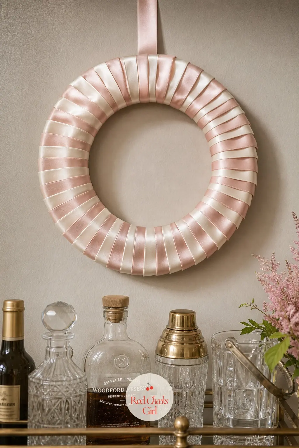 The Blush and Ivory Pencil-Pleat Satin Wreath for the Bar Cart — Pencil pleating is the technique florists use on curtain headers, pinched folds instead of