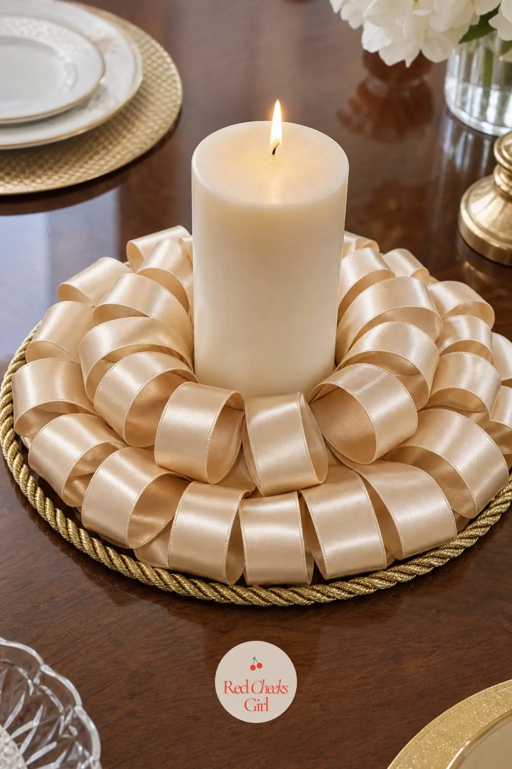 The Champagne Satin Loop and Gold Cord Wreath for the Anniversary Dinner — This one sits flat on the table rather than hanging on a door: a ring of champagne
