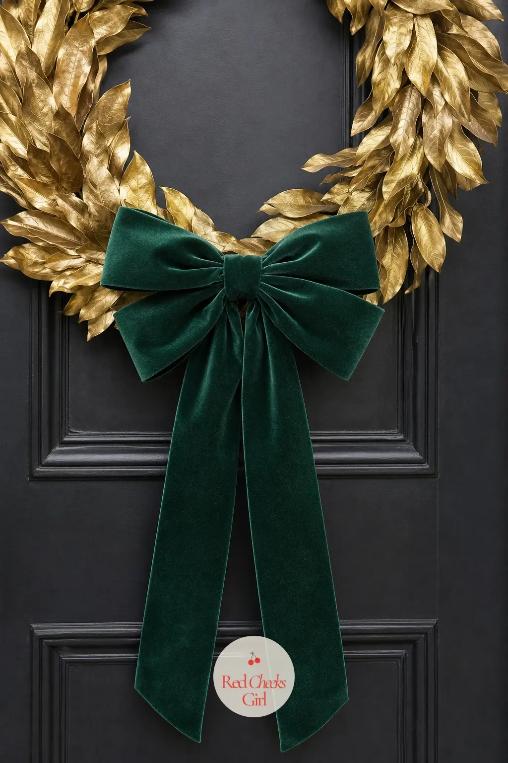 The Emerald Velvet Bow and Gold Leaf Wreath for the Holiday Cocktail Entrance — One generous emerald velvet bow sits at the base of this wreath, tails left