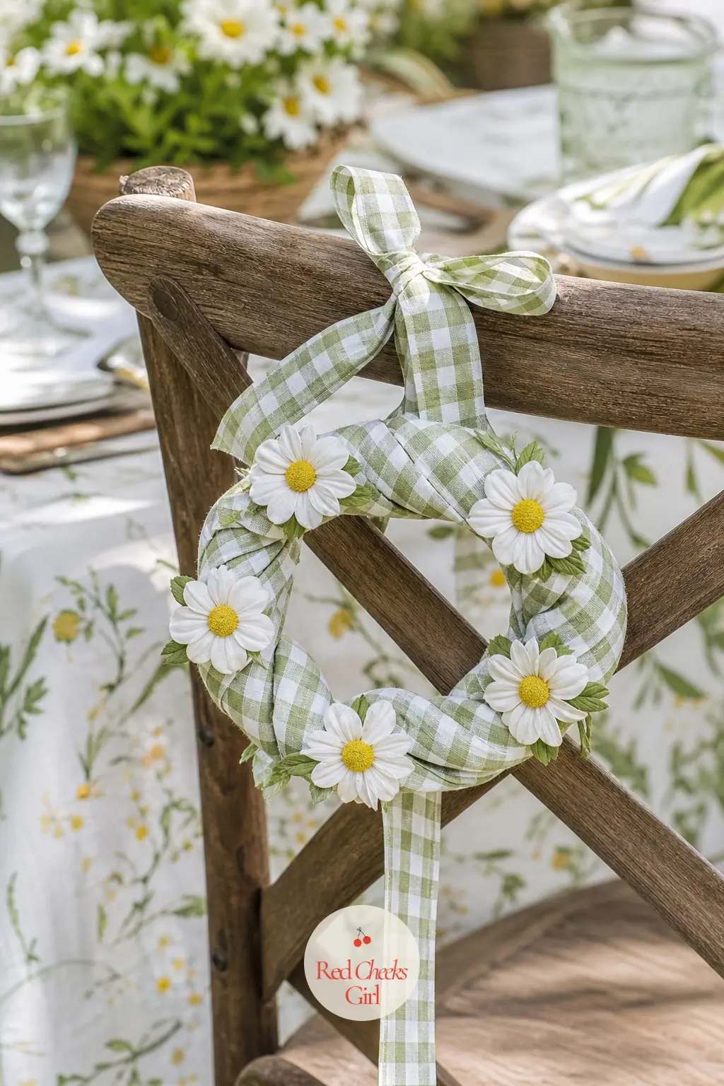 The Gingham Ribbon Twist and Daisy Wreath for the Garden Party Chair Back — Scaled down to fit a chair back rather than a door, this wreath twists a red and