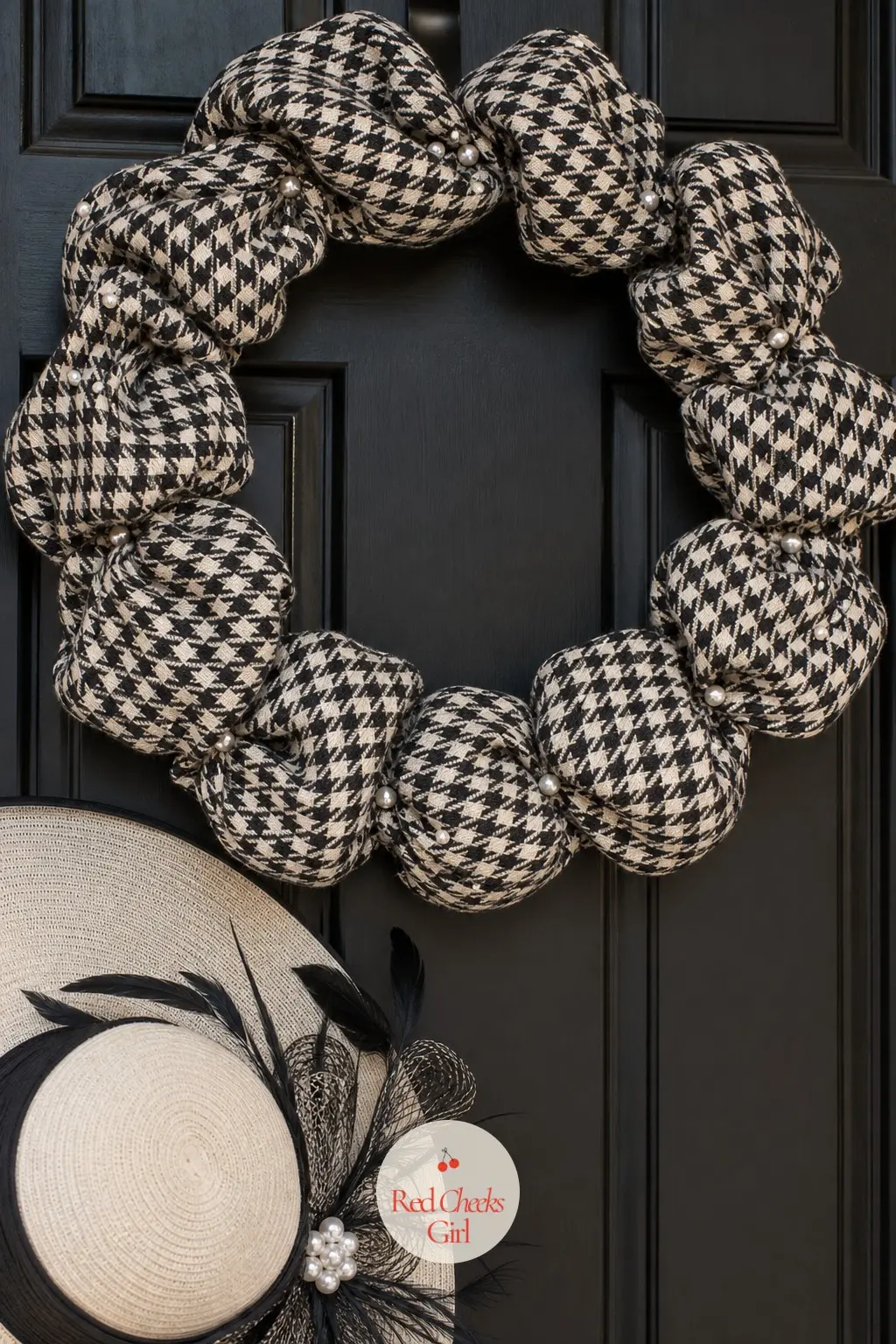 The Houndstooth Ribbon Twist and Pearl Pin Wreath for the Derby Party Door — Black and cream houndstooth twists around the ring here, with small pearl headed