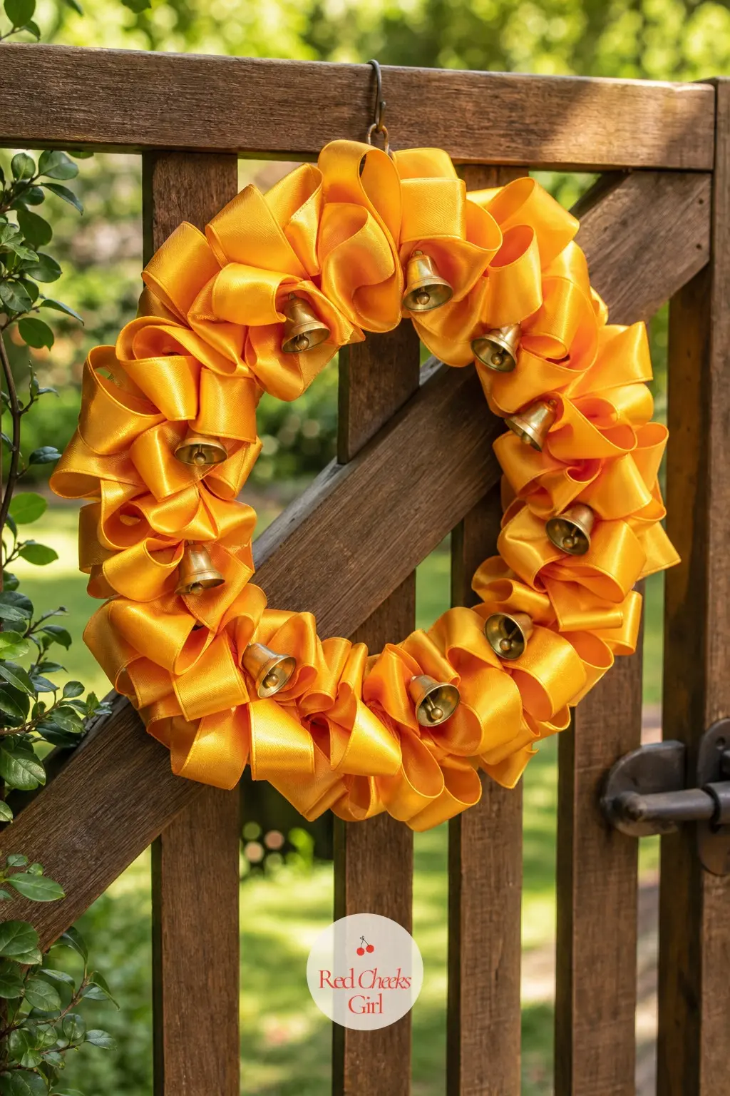 The Marigold Satin Ribbon and Brass Bell Wreath for the Garden Soiree Gate — Marigold satin loops read as warm rather than bright once a handful of small brass