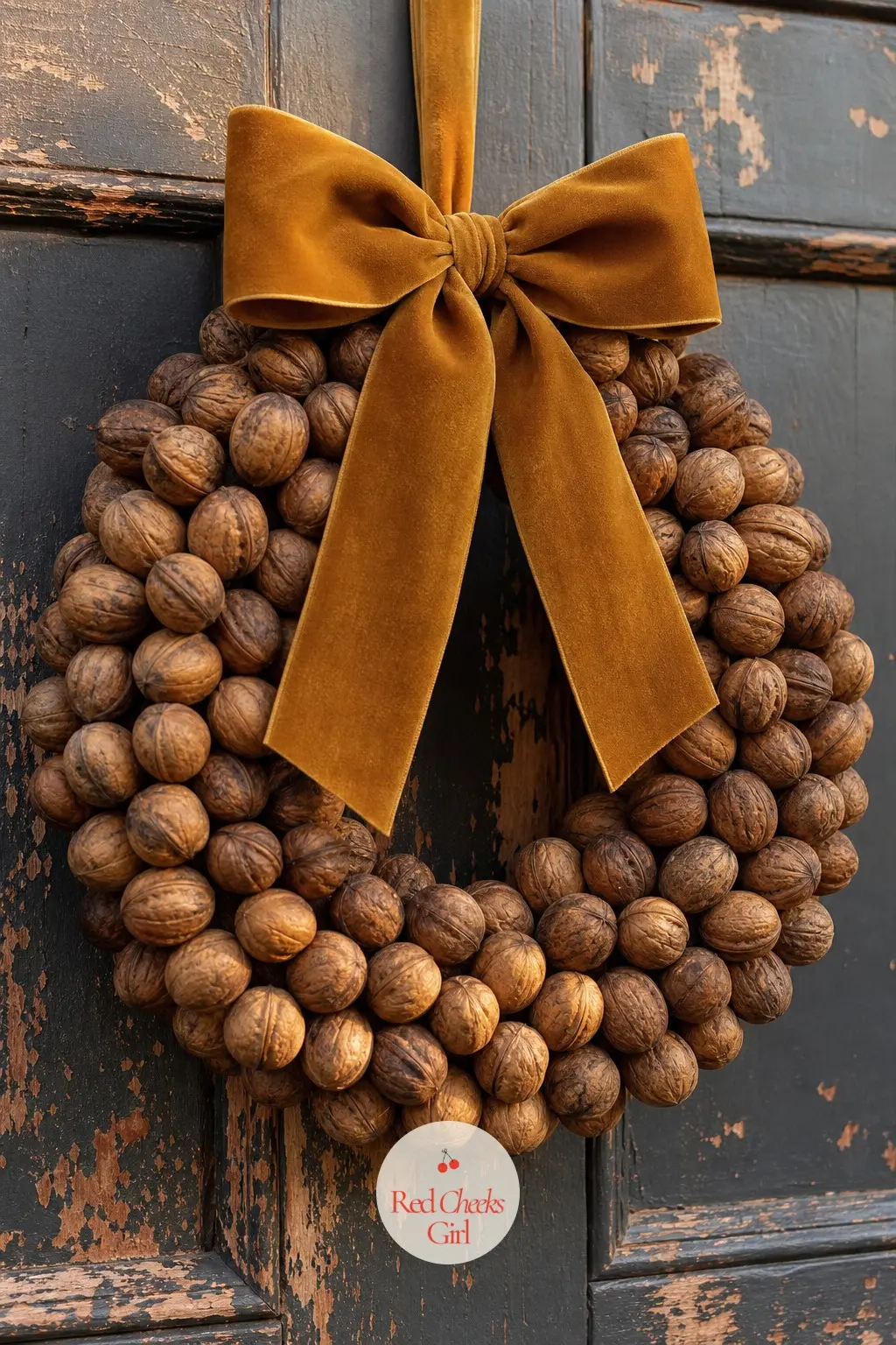 The Mustard Velvet Bow and Walnut Wreath for the Autumn Supper Club — Whole walnuts, wired in small clusters, give this wreath its texture, while a single