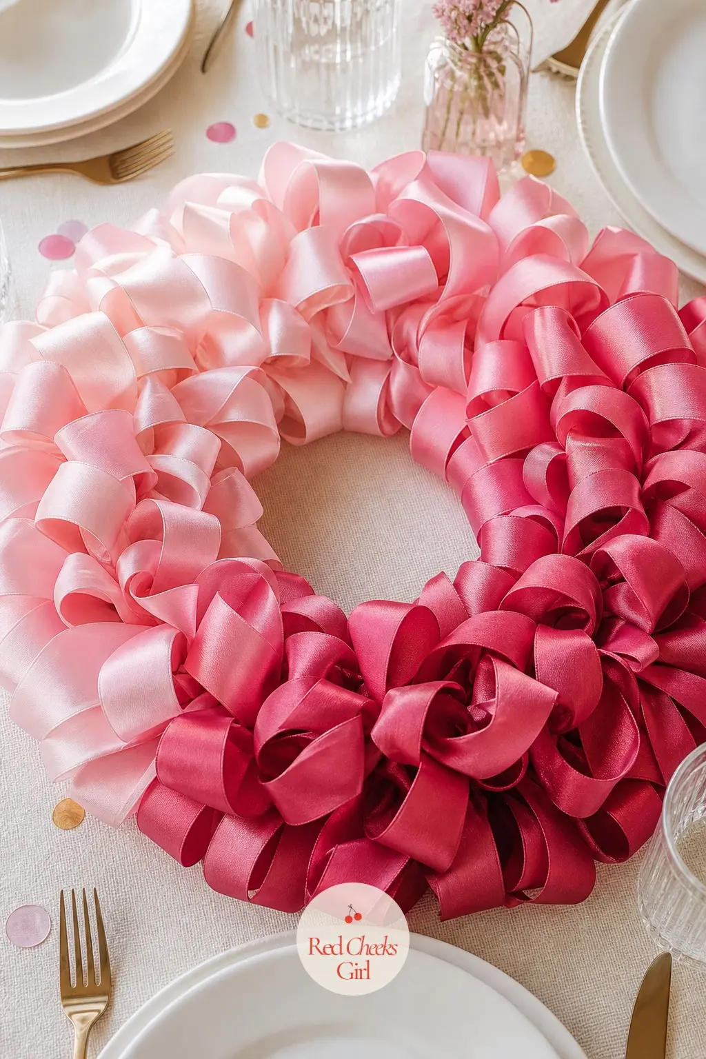The Ombre Silk Ribbon Wreath for the Milestone Birthday Table — Five shades of one colour, from pale to full strength, loop around this wreath in order so the