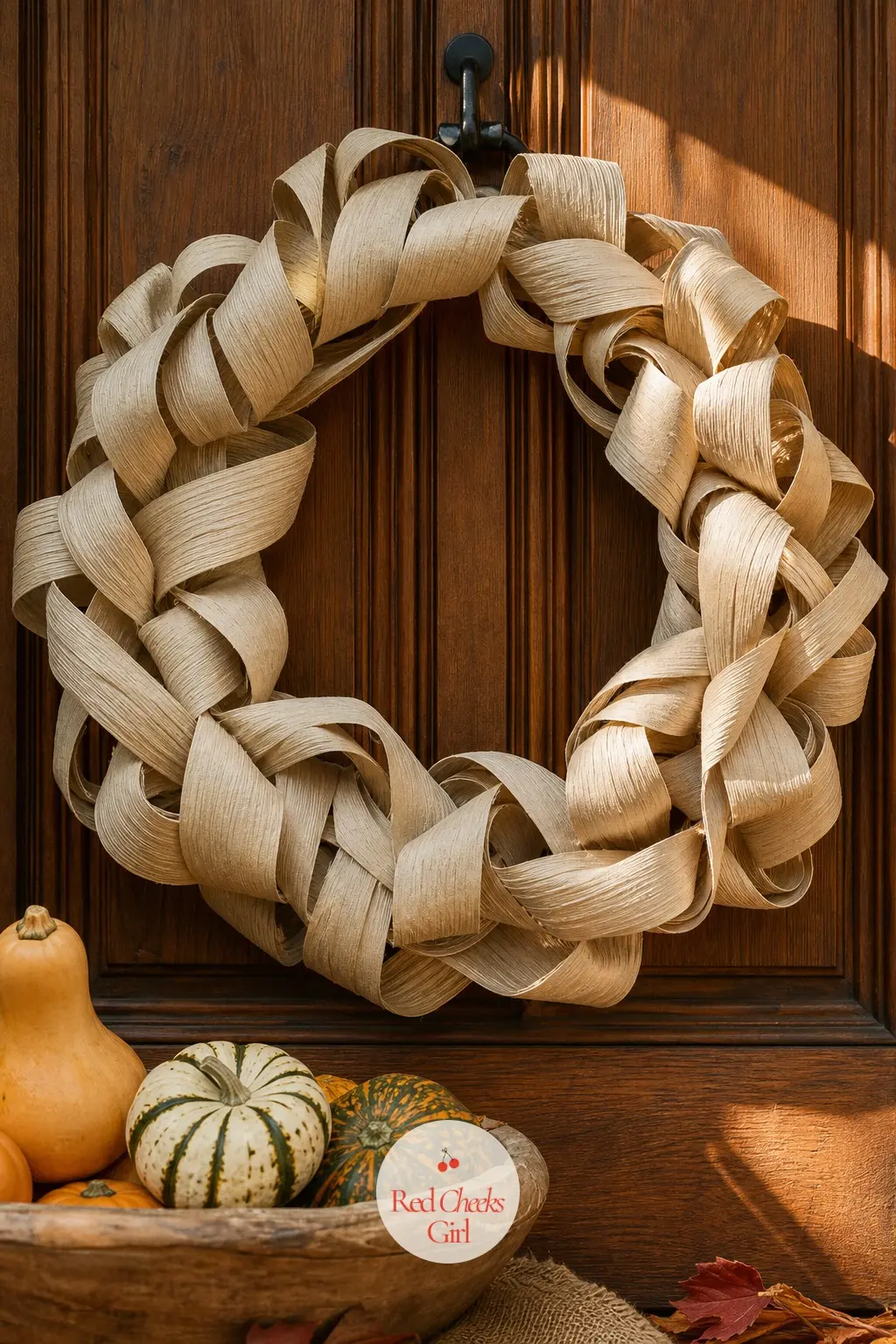 The Raffia-Look Paper Ribbon Wreath for the Harvest Potluck Door — Crepe paper ribbon, twisted tight, gives a soft raffia look without reaching for anything