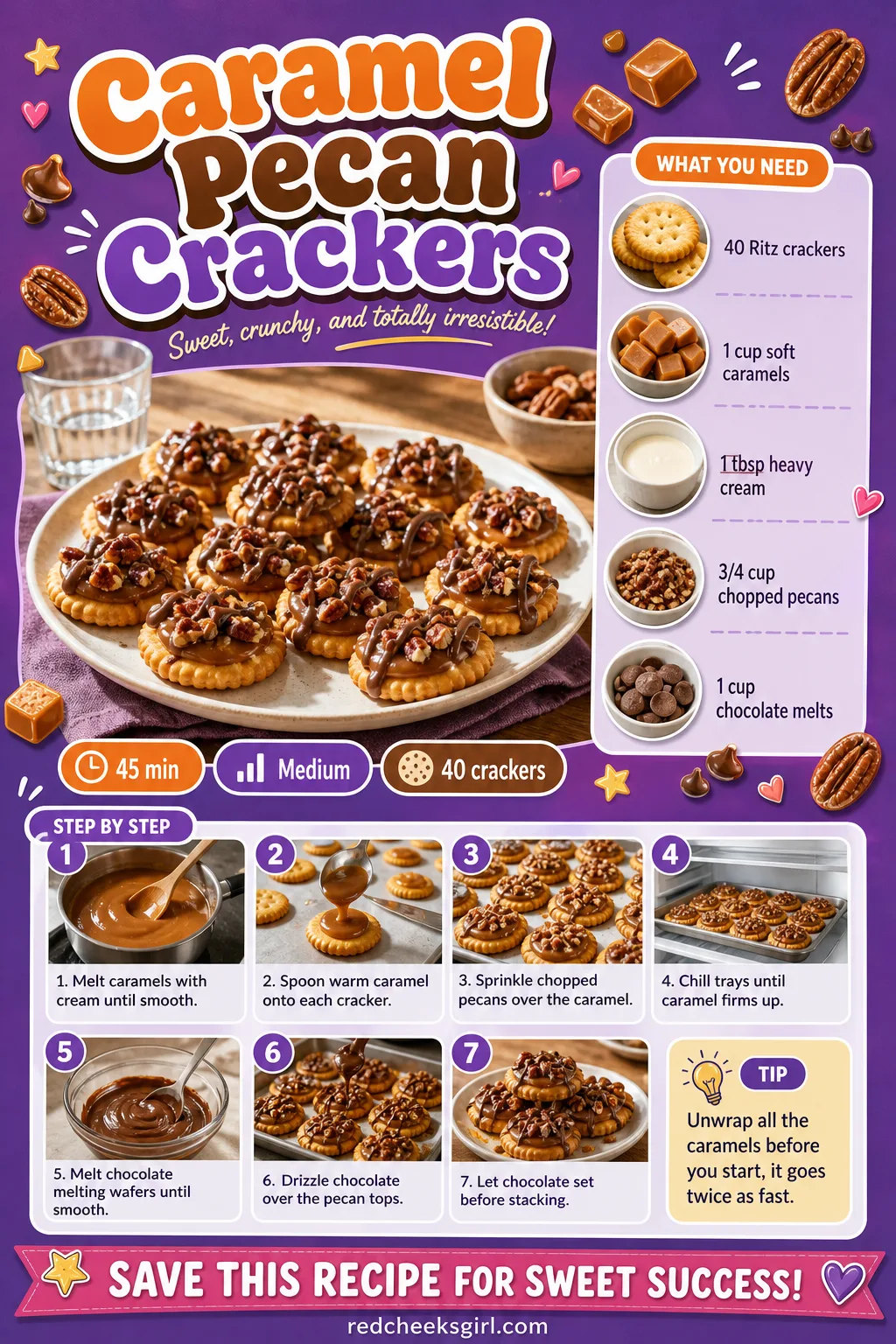 Caramel Pecan Crackers Recipe Card printable sheet — Printable card with photo, prep and total time, yield, full ingredient list and numbered steps. Ritz