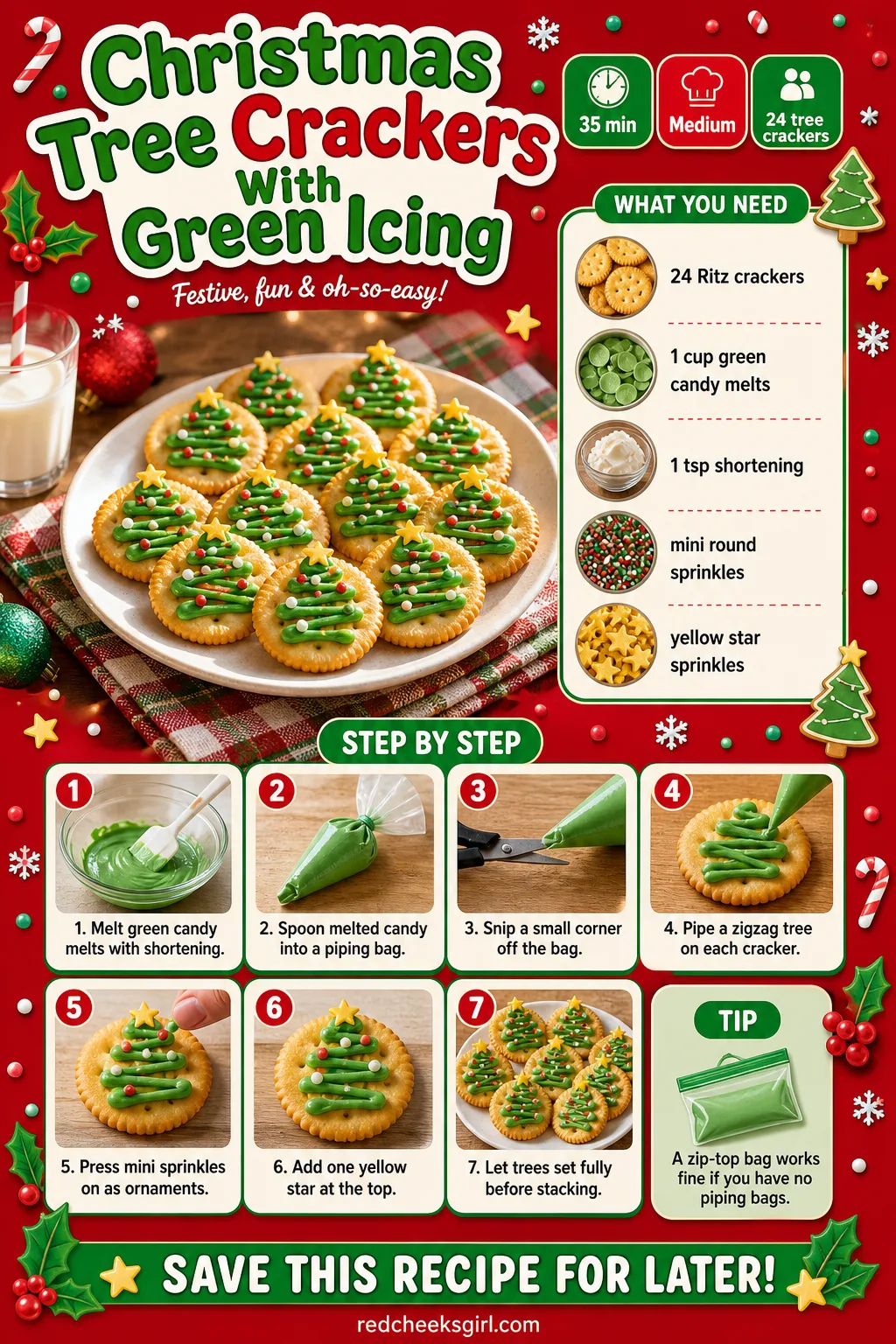 Christmas Tree Crackers With Green Icing Recipe Card printable sheet — Printable card with photo, prep and total time, yield, full ingredient list and numbered