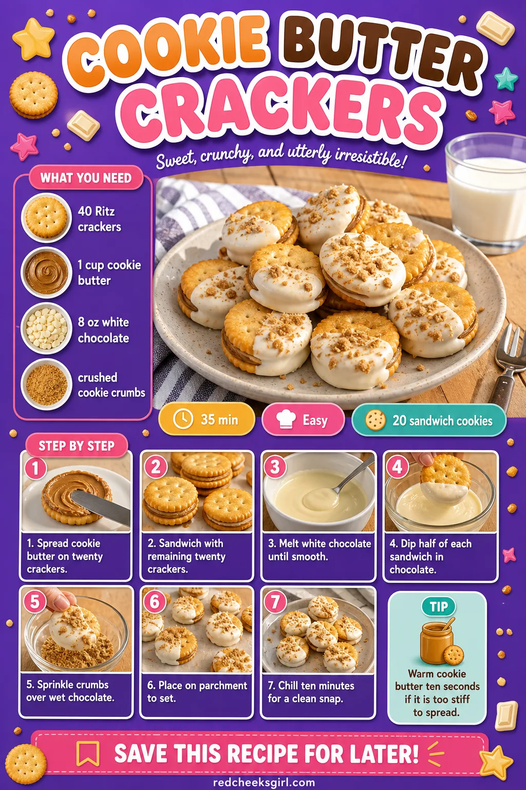Cookie Butter Crackers Recipe Card printable sheet — Printable card with photo, prep and total time, yield, full ingredient list and numbered steps. Ritz