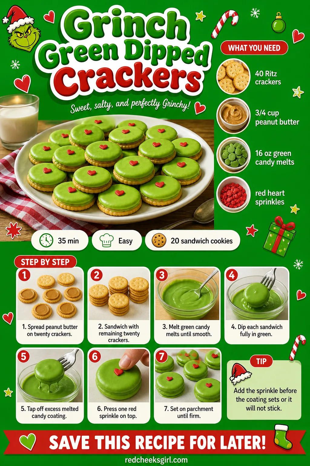 Grinch Green Dipped Crackers Recipe Card printable sheet — Printable card with photo, prep and total time, yield, full ingredient list and numbered steps. Ritz