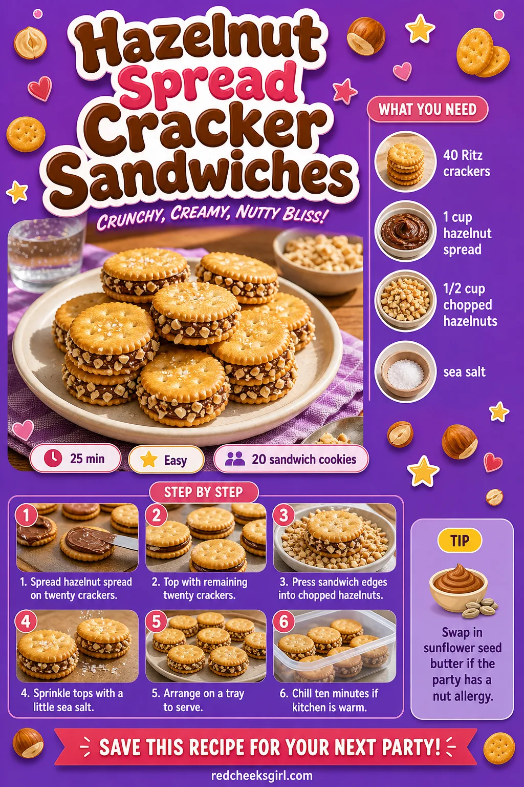 Hazelnut Spread Cracker Sandwiches Recipe Card printable sheet — Printable card with photo, prep and total time, yield, full ingredient list and numbered